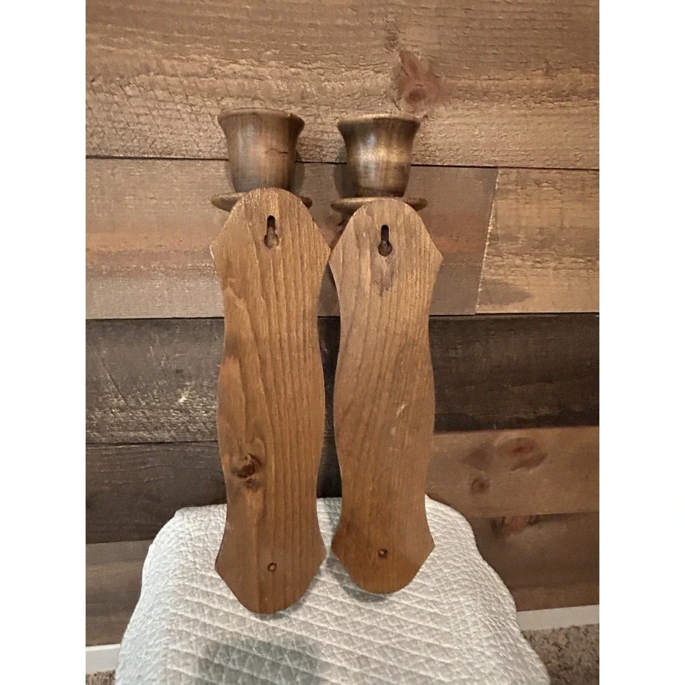 Vintage 60's Pair of Turned Wood Wall Hanging Candle Holders 16